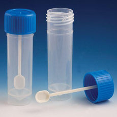 Container, Fecal, 30mL, Attached Screw Cap with Spoon, PP, Conical Bottom, Self-Standing, 100/Bag, 5 Bags/Unit-109120
