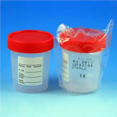 Specimen Container, 4oz, with 1/4-Turn Red Screwcap and Tri-Lingual ID Label, STERILE, PP, Individually Wrapped, Graduated-5912