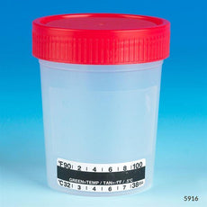 Specimen Container, 4oz, with Attached Thermometer Strip, Separate 1/4-Turn Red Screwcap, Non-Sterile, PP, Graduated, Bulk-5916