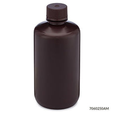 Bottle, Narrow Mouth, HDPE Bottle, Attached PP Screw Cap, Amber, 250mL, 12/Pack-7060250AM