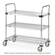 Metro MW403 MW Series Utility Cart with 1 Stainless Steel Solid and 2 Chrome Wire Shelves, 18" x 36" x 38"